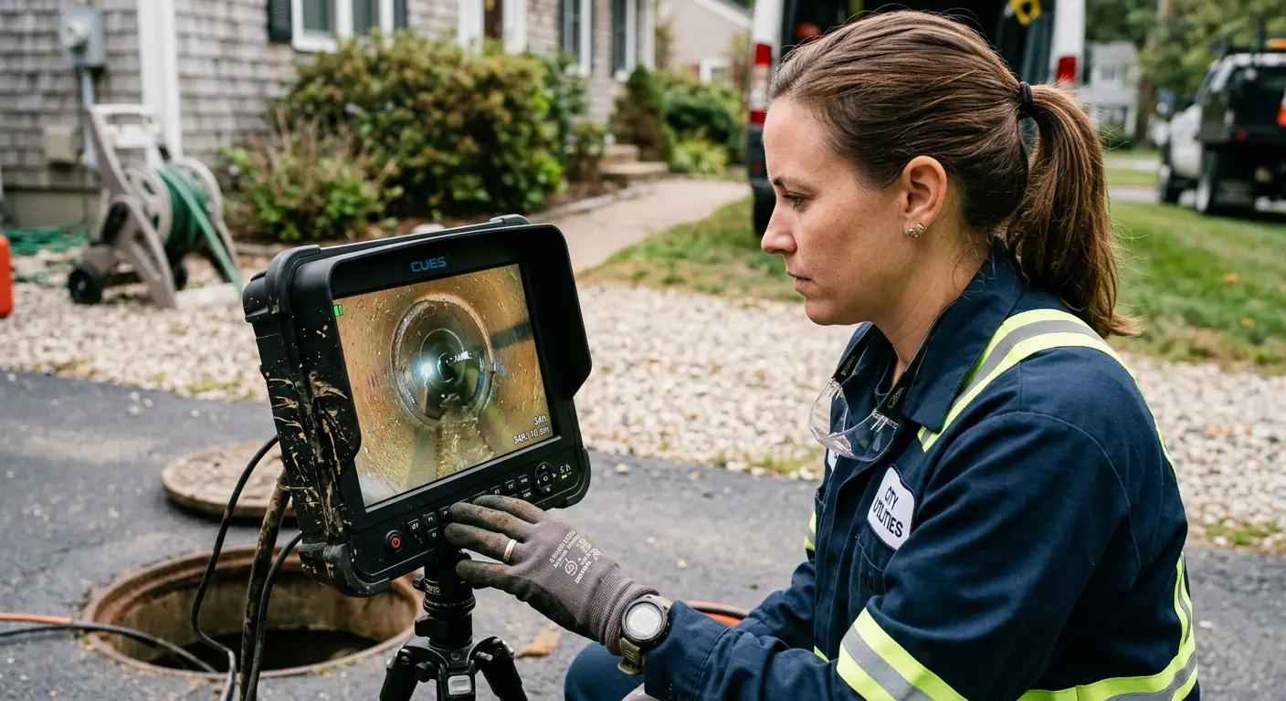 Technician reviewing sewer camera inspection footage in Roselle